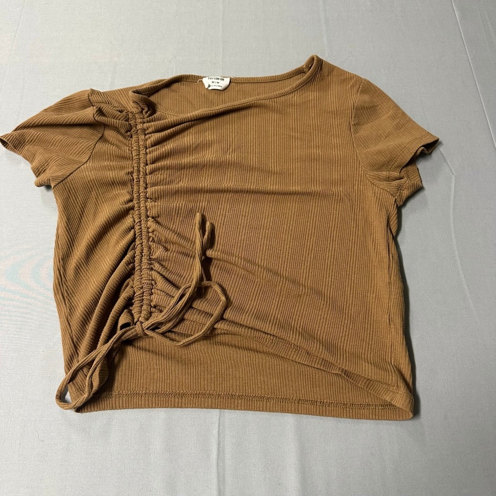 Cotton On Womens Ruched Front Ribbed Crop Top Tan Brown Short Sleeve Size M